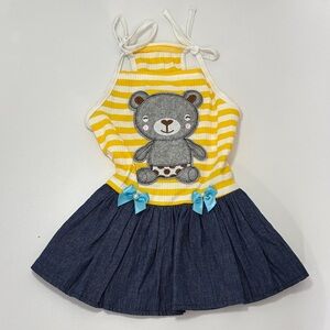 Striped Yellow and Blue Dog Dress with Bear Design